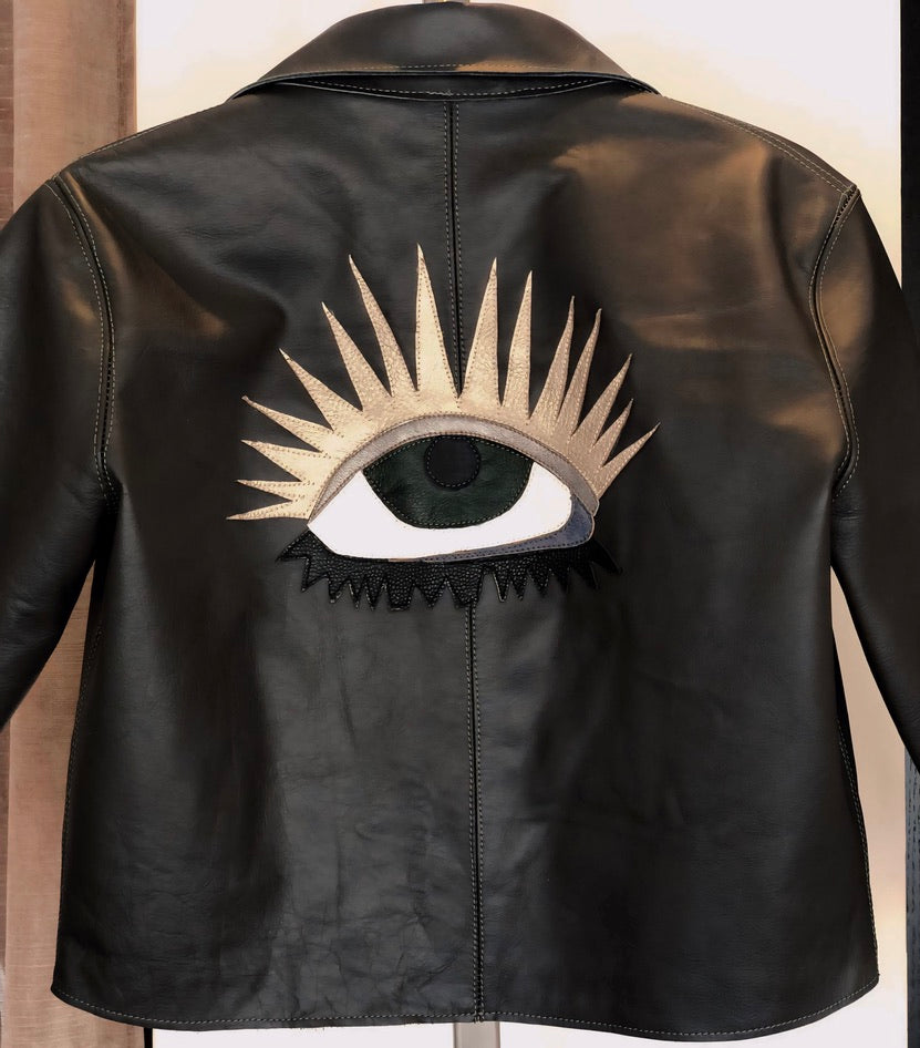 LEATHER JACKET evil eye motif appique